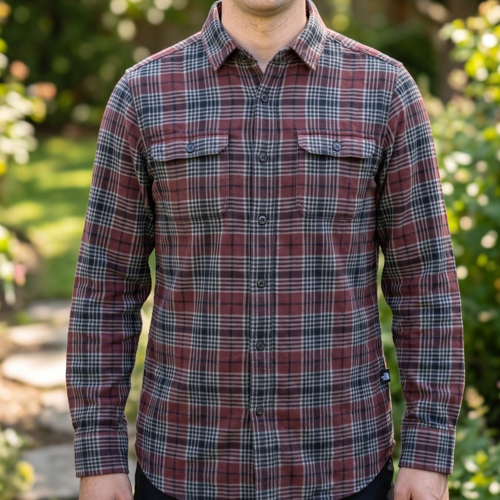The North Face‎ Mens Plaid Flannel Long Sleeve Button Down Shirt Burgundy Grey M